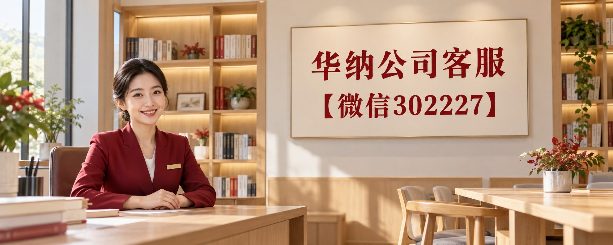 温暖咨询室中的华纳公司客服标牌：微信302227